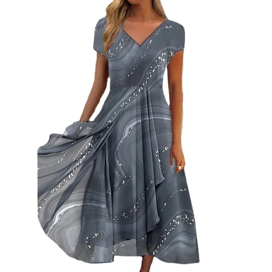 2025 Women's Dress Casual Fashion Office Patchwork Summer Midi V - Neck Women Swear Sweet Dresses For WomenClothes Vestidos - PurePaw