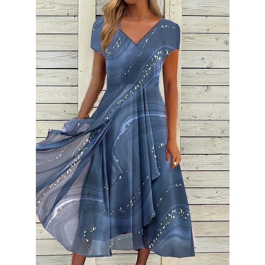 2025 Women's Dress Casual Fashion Office Patchwork Summer Midi V - Neck Women Swear Sweet Dresses For WomenClothes Vestidos - PurePaw