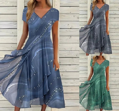 2025 Women's Dress Casual Fashion Office Patchwork Summer Midi V - Neck Women Swear Sweet Dresses For WomenClothes Vestidos - PurePaw