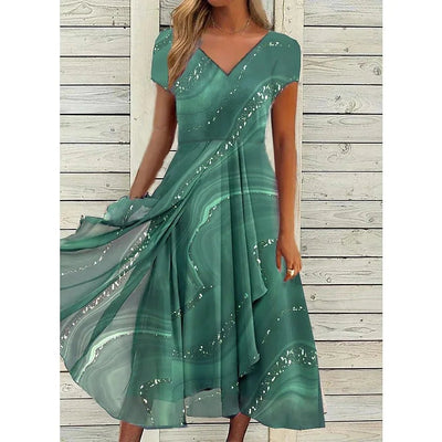 2025 Women's Dress Casual Fashion Office Patchwork Summer Midi V - Neck Women Swear Sweet Dresses For WomenClothes Vestidos - PurePaw