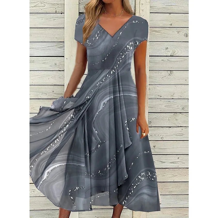 2025 Women's Dress Casual Fashion Office Patchwork Summer Midi V - Neck Women Swear Sweet Dresses For WomenClothes Vestidos - PurePaw