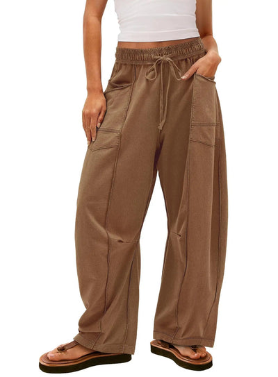2025 Zomer Dames Casual Broek Losse Wijde Pijpen Sportbroek Casual Effen Kleur Trekkoord Taille Casual Broek Jogging Sportkleding - PurePaw