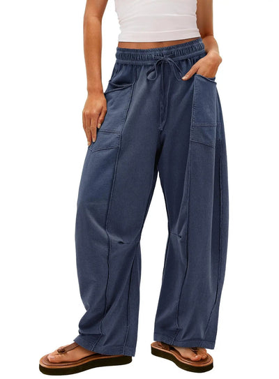 2025 Zomer Dames Casual Broek Losse Wijde Pijpen Sportbroek Casual Effen Kleur Trekkoord Taille Casual Broek Jogging Sportkleding - PurePaw