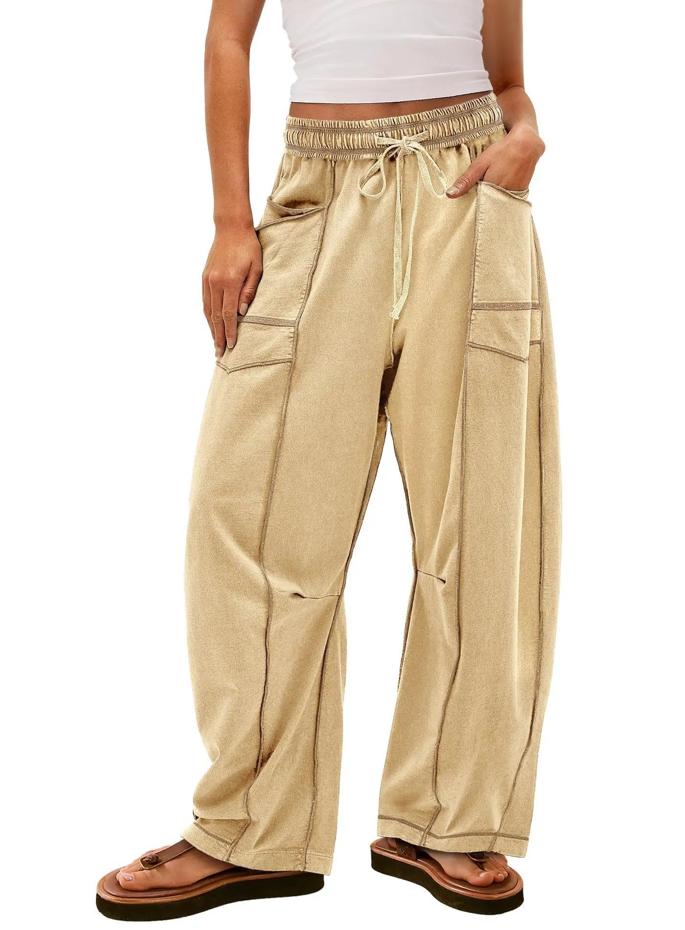 2025 Zomer Dames Casual Broek Losse Wijde Pijpen Sportbroek Casual Effen Kleur Trekkoord Taille Casual Broek Jogging Sportkleding - PurePaw