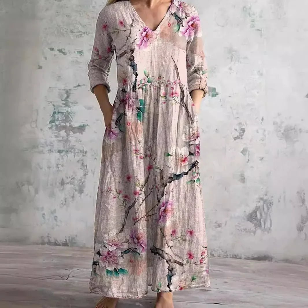 Casual midi - jurk met bloemenprint Dames nieuwe stijl onafhankelijk station Modieuze halflange jurk uit één stuk uit het vasteland van China - PurePaw