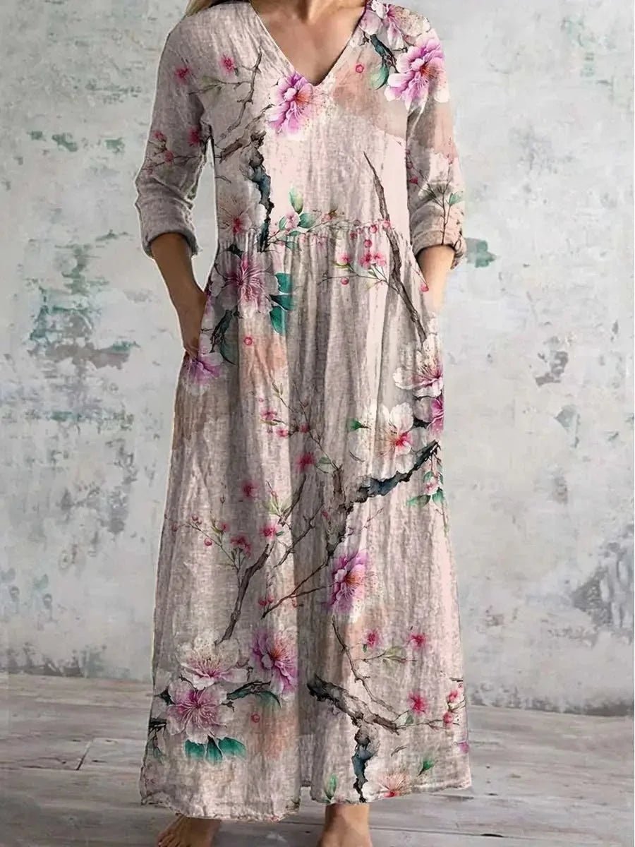 Casual midi - jurk met bloemenprint Dames nieuwe stijl onafhankelijk station Modieuze halflange jurk uit één stuk uit het vasteland van China - PurePaw