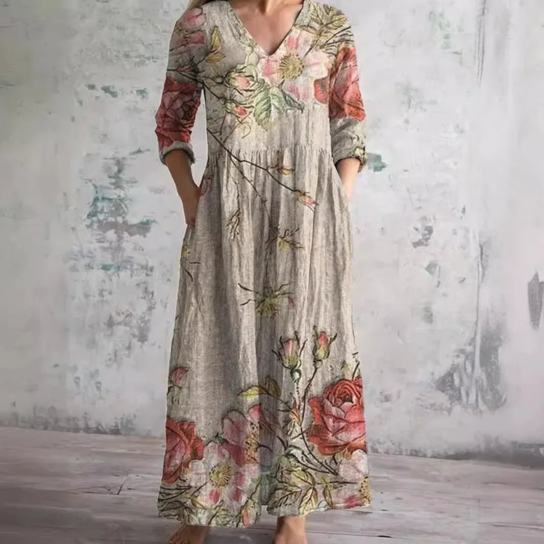 Casual midi - jurk met bloemenprint Dames nieuwe stijl onafhankelijk station Modieuze halflange jurk uit één stuk uit het vasteland van China - PurePaw