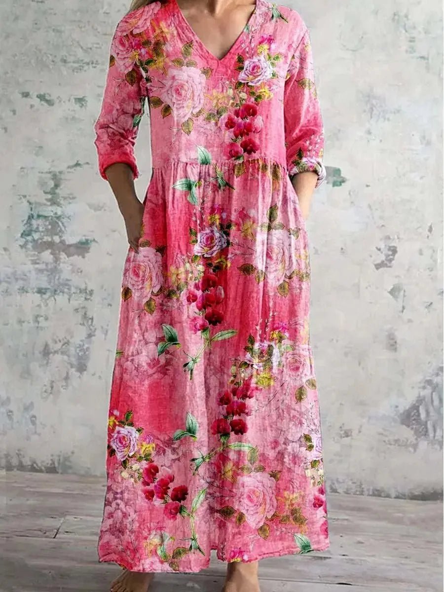 Casual midi - jurk met bloemenprint Dames nieuwe stijl onafhankelijk station Modieuze halflange jurk uit één stuk uit het vasteland van China - PurePaw