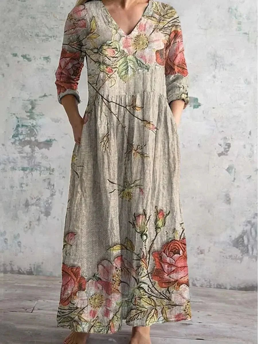 Casual midi - jurk met bloemenprint Dames nieuwe stijl onafhankelijk station Modieuze halflange jurk uit één stuk uit het vasteland van China - PurePaw