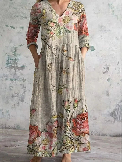 Casual midi - jurk met bloemenprint Dames nieuwe stijl onafhankelijk station Modieuze halflange jurk uit één stuk uit het vasteland van China - PurePaw