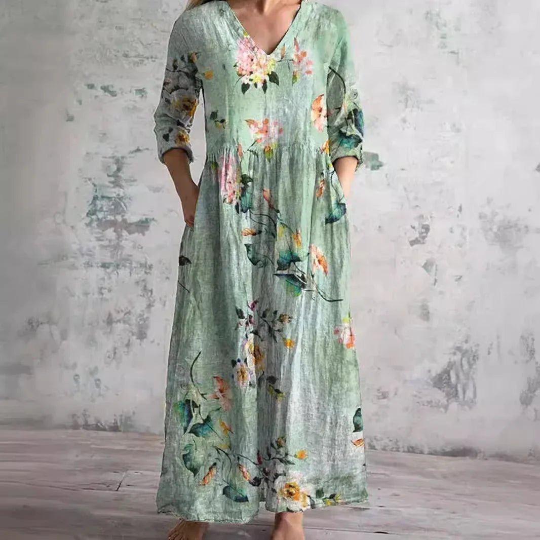 Casual midi - jurk met bloemenprint Dames nieuwe stijl onafhankelijk station Modieuze halflange jurk uit één stuk uit het vasteland van China - PurePaw