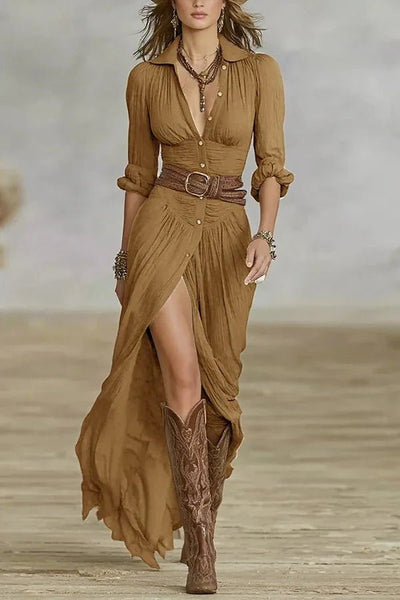 Elegante reversmatch met riem lange jurk dames casual lange mouw geplooide feestjurk mode eenvoudige knop effen shirtjurk - PurePaw