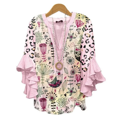 Light Blue Paisley Floral Print V - Neck Blouse Ruffled Sleeves Bubble Crepe Blouse Boho Chic Women's Top (Necklace Not Included) - PurePaw