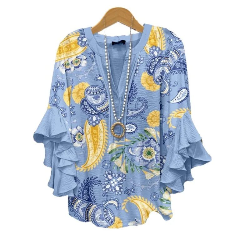 Light Blue Paisley Floral Print V - Neck Blouse Ruffled Sleeves Bubble Crepe Blouse Boho Chic Women's Top (Necklace Not Included) - PurePaw