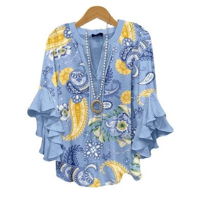 Light Blue Paisley Floral Print V - Neck Blouse Ruffled Sleeves Bubble Crepe Blouse Boho Chic Women's Top (Necklace Not Included) - PurePaw