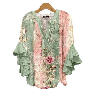 Light Blue Paisley Floral Print V - Neck Blouse Ruffled Sleeves Bubble Crepe Blouse Boho Chic Women's Top (Necklace Not Included) - PurePaw