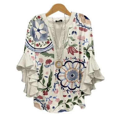 Light Blue Paisley Floral Print V - Neck Blouse Ruffled Sleeves Bubble Crepe Blouse Boho Chic Women's Top (Necklace Not Included) - PurePaw