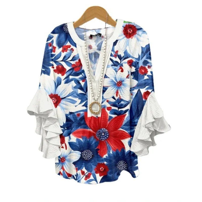 Light Blue Paisley Floral Print V - Neck Blouse Ruffled Sleeves Bubble Crepe Blouse Boho Chic Women's Top (Necklace Not Included) - PurePaw