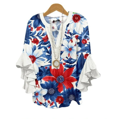 Light Blue Paisley Floral Print V - Neck Blouse Ruffled Sleeves Bubble Crepe Blouse Boho Chic Women's Top (Necklace Not Included) - PurePaw