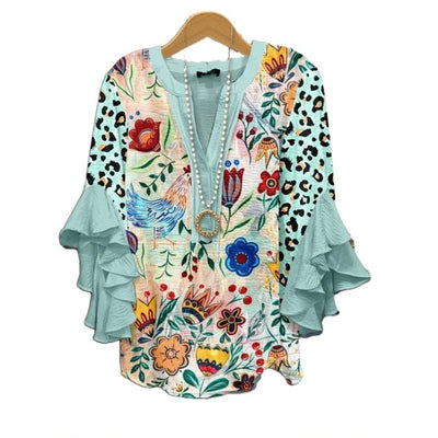 Light Blue Paisley Floral Print V - Neck Blouse Ruffled Sleeves Bubble Crepe Blouse Boho Chic Women's Top (Necklace Not Included) - PurePaw