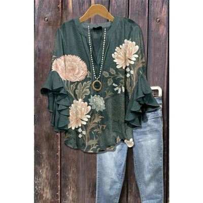 Light Blue Paisley Floral Print V - Neck Blouse Ruffled Sleeves Bubble Crepe Blouse Boho Chic Women's Top (Necklace Not Included) - PurePaw