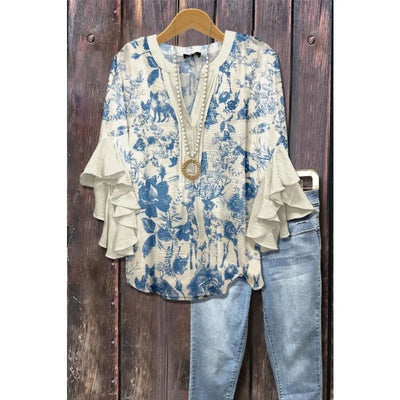 Light Blue Paisley Floral Print V - Neck Blouse Ruffled Sleeves Bubble Crepe Blouse Boho Chic Women's Top (Necklace Not Included) - PurePaw
