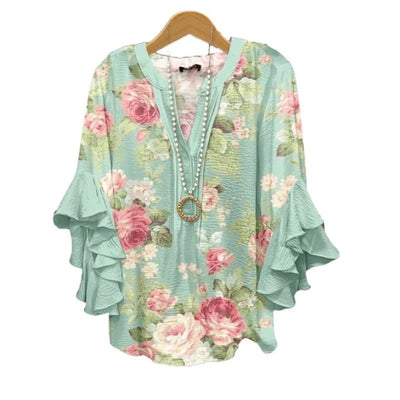 Light Blue Paisley Floral Print V - Neck Blouse Ruffled Sleeves Bubble Crepe Blouse Boho Chic Women's Top (Necklace Not Included) - PurePaw