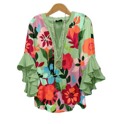 Light Blue Paisley Floral Print V - Neck Blouse Ruffled Sleeves Bubble Crepe Blouse Boho Chic Women's Top (Necklace Not Included) - PurePaw