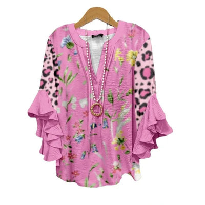 Light Blue Paisley Floral Print V - Neck Blouse Ruffled Sleeves Bubble Crepe Blouse Boho Chic Women's Top (Necklace Not Included) - PurePaw