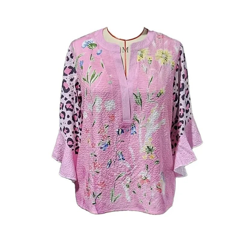 Light Blue Paisley Floral Print V - Neck Blouse Ruffled Sleeves Bubble Crepe Blouse Boho Chic Women's Top (Necklace Not Included) - PurePaw