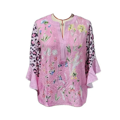 Light Blue Paisley Floral Print V - Neck Blouse Ruffled Sleeves Bubble Crepe Blouse Boho Chic Women's Top (Necklace Not Included) - PurePaw