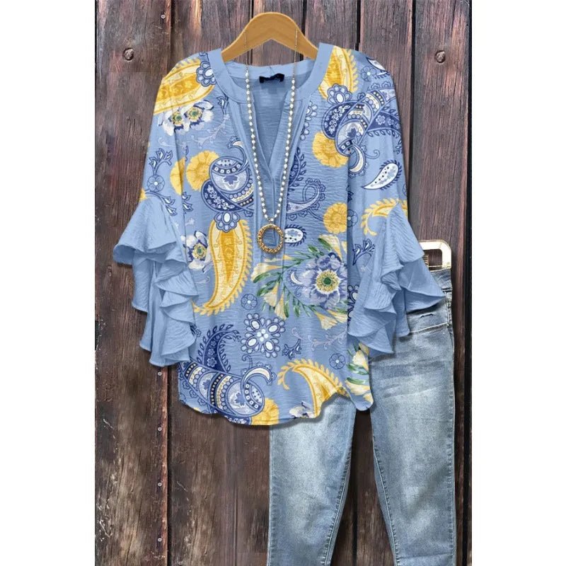 Light Blue Paisley Floral Print V - Neck Blouse Ruffled Sleeves Bubble Crepe Blouse Boho Chic Women's Top (Necklace Not Included) - PurePaw