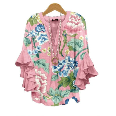 Light Blue Paisley Floral Print V - Neck Blouse Ruffled Sleeves Bubble Crepe Blouse Boho Chic Women's Top (Necklace Not Included) - PurePaw