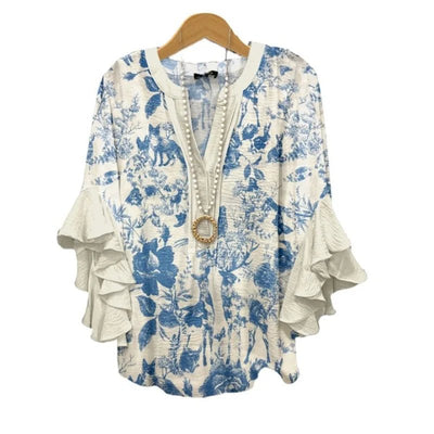 Light Blue Paisley Floral Print V - Neck Blouse Ruffled Sleeves Bubble Crepe Blouse Boho Chic Women's Top (Necklace Not Included) - PurePaw