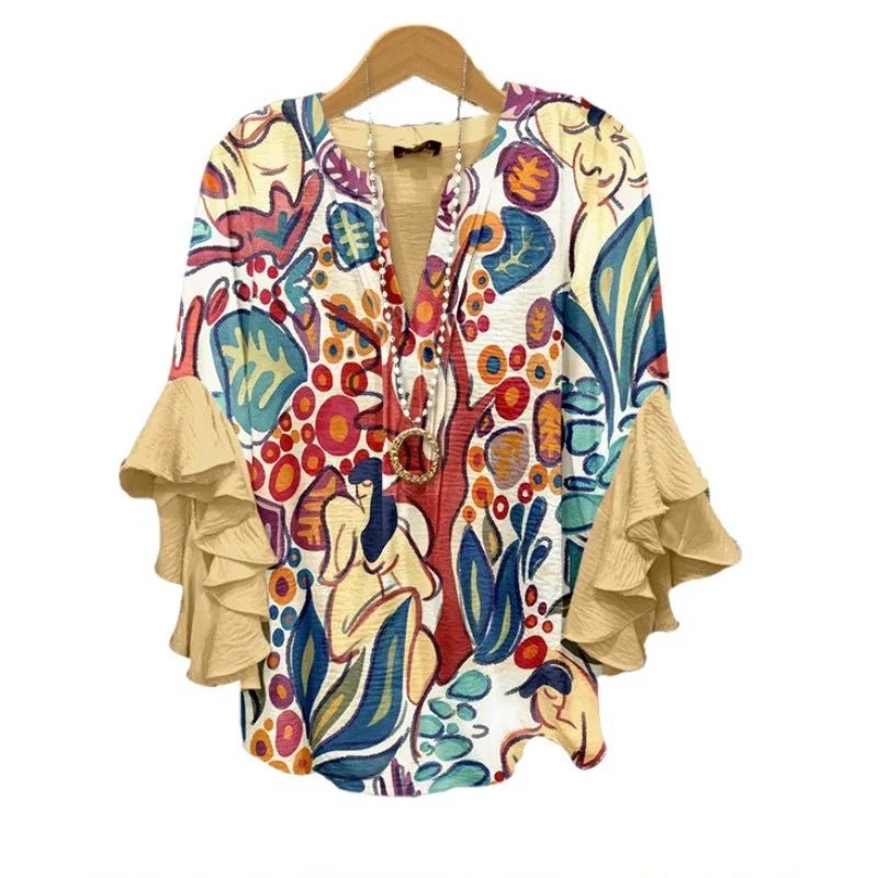 Light Blue Paisley Floral Print V - Neck Blouse Ruffled Sleeves Bubble Crepe Blouse Boho Chic Women's Top (Necklace Not Included) - PurePaw