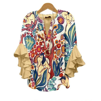 Light Blue Paisley Floral Print V - Neck Blouse Ruffled Sleeves Bubble Crepe Blouse Boho Chic Women's Top (Necklace Not Included) - PurePaw