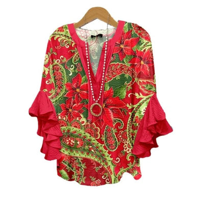 Light Blue Paisley Floral Print V - Neck Blouse Ruffled Sleeves Bubble Crepe Blouse Boho Chic Women's Top (Necklace Not Included) - PurePaw