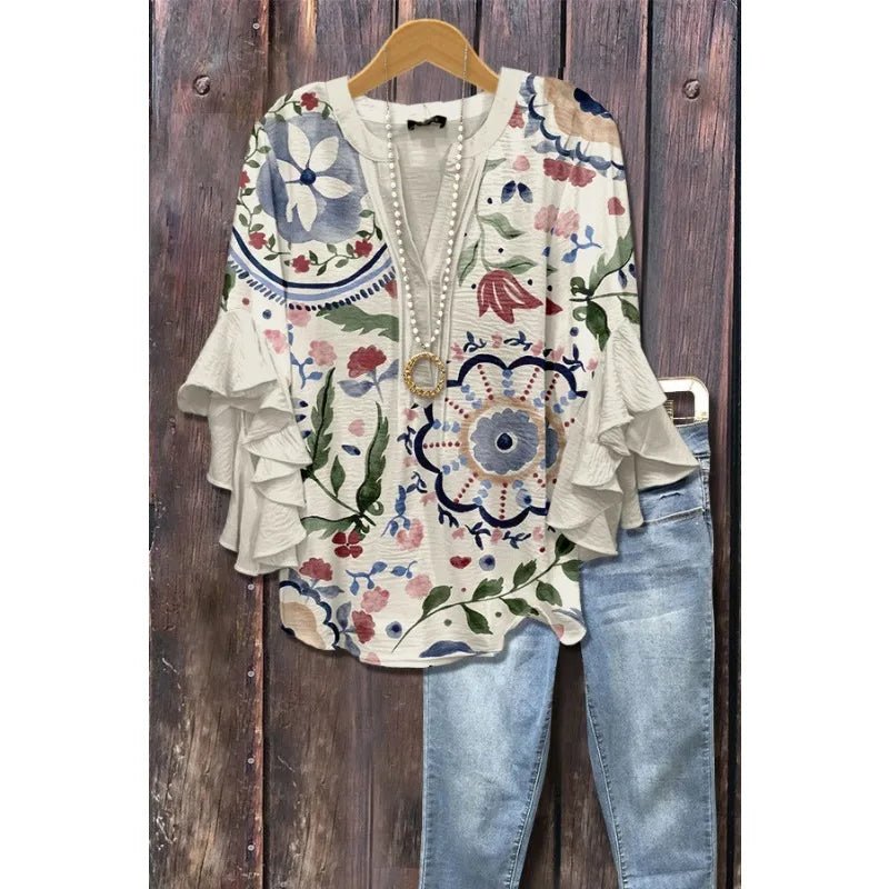 Light Blue Paisley Floral Print V - Neck Blouse Ruffled Sleeves Bubble Crepe Blouse Boho Chic Women's Top (Necklace Not Included) - PurePaw