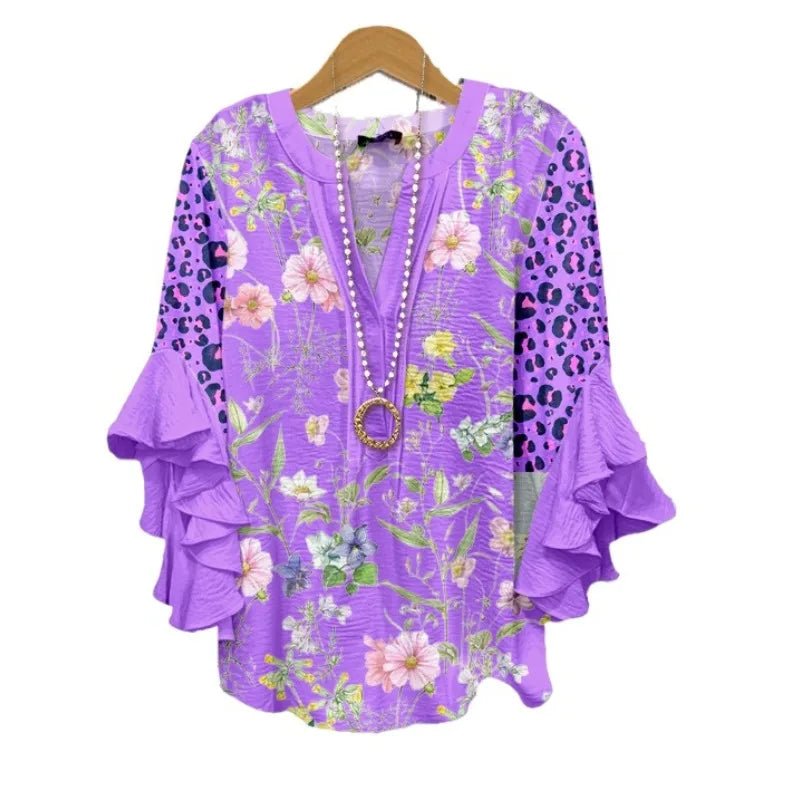 Light Blue Paisley Floral Print V - Neck Blouse Ruffled Sleeves Bubble Crepe Blouse Boho Chic Women's Top (Necklace Not Included) - PurePaw