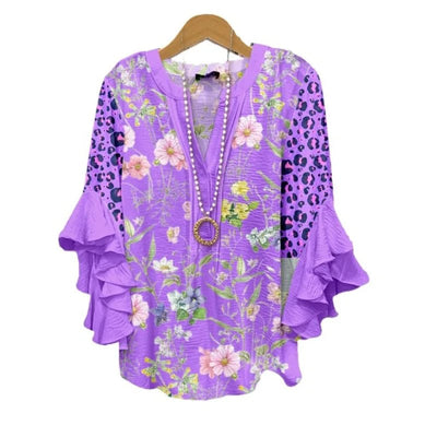 Light Blue Paisley Floral Print V - Neck Blouse Ruffled Sleeves Bubble Crepe Blouse Boho Chic Women's Top (Necklace Not Included) - PurePaw