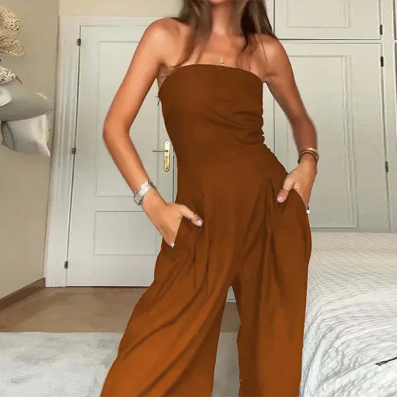 Mode dames tube top lange jumpsuit effen strapless backless hoge taille wijde pijpen vrouwelijke romper 2025, zomer dame streetwear - PurePaw