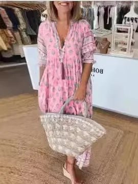 Nieuwe Mode Boheemse Lantaarn Mouw Jurk Lente Zomer Vrouwen V - hals Strand Lange Jurk Elegante Hoge Taille Geplooide Vakantie Jurken - PurePaw