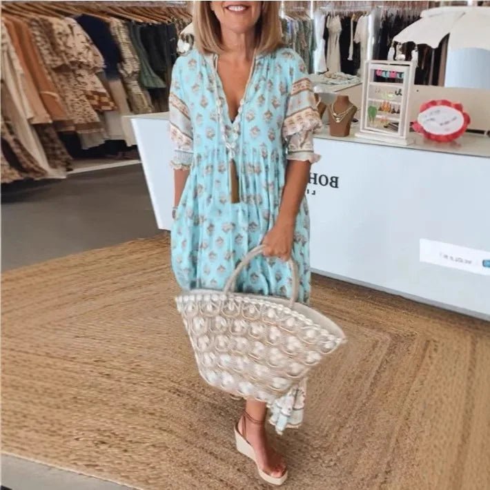 Nieuwe Mode Boheemse Lantaarn Mouw Jurk Lente Zomer Vrouwen V - hals Strand Lange Jurk Elegante Hoge Taille Geplooide Vakantie Jurken - PurePaw