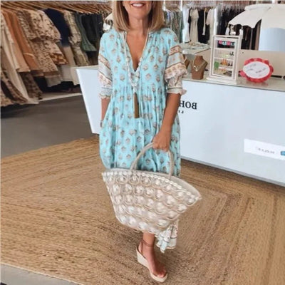 Nieuwe Mode Boheemse Lantaarn Mouw Jurk Lente Zomer Vrouwen V - hals Strand Lange Jurk Elegante Hoge Taille Geplooide Vakantie Jurken - PurePaw