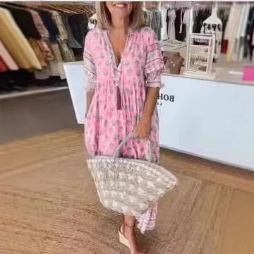 Nieuwe Mode Boheemse Lantaarn Mouw Jurk Lente Zomer Vrouwen V - hals Strand Lange Jurk Elegante Hoge Taille Geplooide Vakantie Jurken - PurePaw