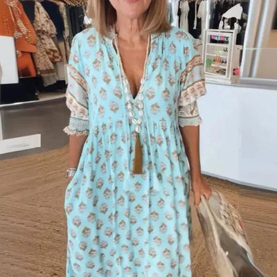 Nieuwe Mode Boheemse Lantaarn Mouw Jurk Lente Zomer Vrouwen V - hals Strand Lange Jurk Elegante Hoge Taille Geplooide Vakantie Jurken - PurePaw