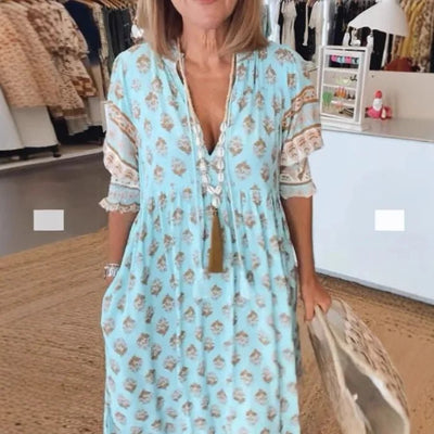 Nieuwe Mode Boheemse Lantaarn Mouw Jurk Lente Zomer Vrouwen V - hals Strand Lange Jurk Elegante Hoge Taille Geplooide Vakantie Jurken - PurePaw