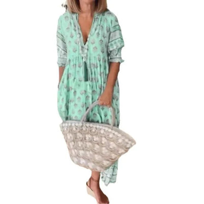 Nieuwe Mode Boheemse Lantaarn Mouw Jurk Lente Zomer Vrouwen V - hals Strand Lange Jurk Elegante Hoge Taille Geplooide Vakantie Jurken - PurePaw