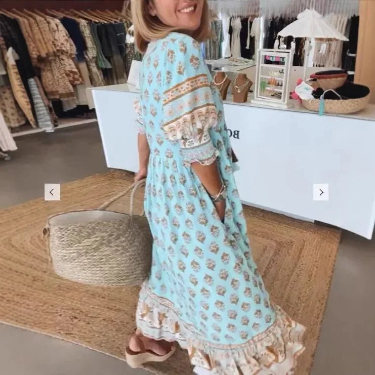 Nieuwe Mode Boheemse Lantaarn Mouw Jurk Lente Zomer Vrouwen V - hals Strand Lange Jurk Elegante Hoge Taille Geplooide Vakantie Jurken - PurePaw