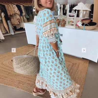 Nieuwe Mode Boheemse Lantaarn Mouw Jurk Lente Zomer Vrouwen V - hals Strand Lange Jurk Elegante Hoge Taille Geplooide Vakantie Jurken - PurePaw